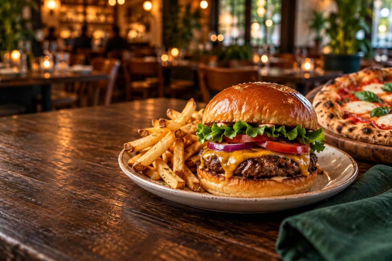 Illustrative burger, fries and pizza on a restaurant table